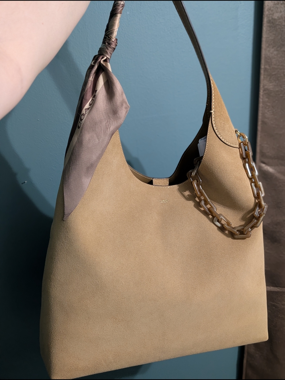 Coach Suede Brooklyn Hobo in Light Tan with Tortoiseshell Chain